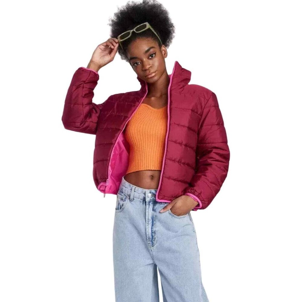 Wild Fable NEW Women's Large Berry Red Polyester Full Zipper Puffer Coat Jacket